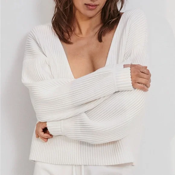 Lunya reversible open back cozy cotton silk knit sweater sincere white $198 - Picture 2 of 3